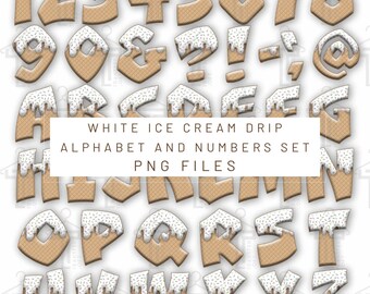 PNG Digital file. White Ice cream drip letters and numbers. Ready to download and print. For DTF, sublimation, T-shirts, labels, and more.