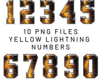 PNG Digital file. 10 yellow lightning print numbers. Ready to download and print. For DTF, sublimation uv DTF, T-shirts, labels, and more.