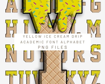 PNG Digital file. Yellow Ice cream drip letters Academic font. Ready to download and print. For DTF, sublimation, T-shirts, labels, and more