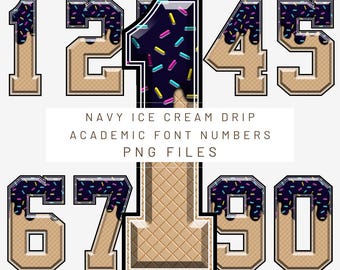 PNG Digital file. Navy Blue Ice Cream Drip numbers. Ready to download and print. For DTF, sublimation uv DTF, T-shirts, labels, and more.
