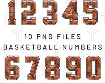 May include: Ten digital files of basketball numbers, 1 through 10, with a brown basketball texture. Each number is outlined in white.