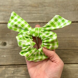 Peut inclure: Un chouchou pour cheveux en tissu vichy vert et blanc avec un nœud. Le chouchou est en tissu et est noué en un nœud.