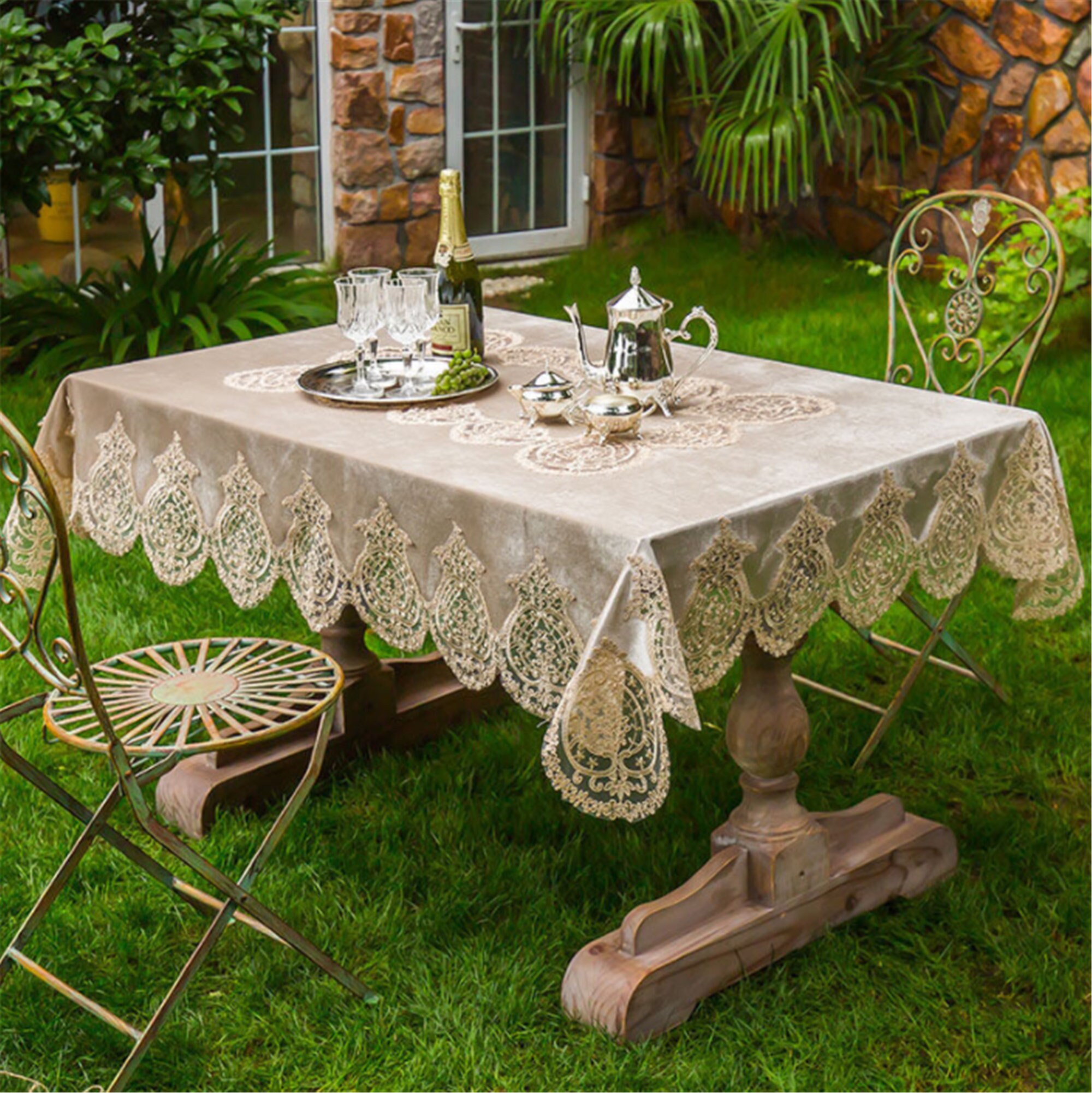 Luxury Victorian Embroidered Linen Tablecloth With Classic Lace and