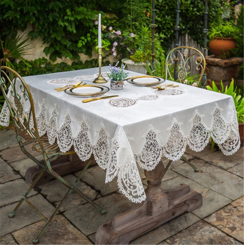 Luxury Victorian Embroidered Linen Tablecloth With Classic Lace and