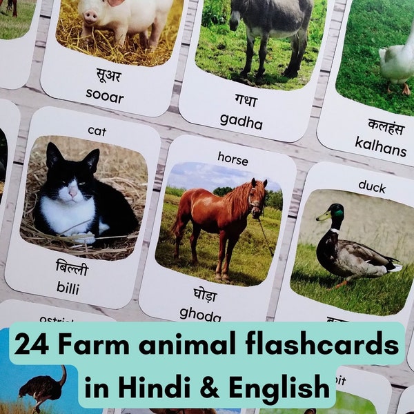 Farm animal flashcards in Hindi, Hindi pronunciation, Bilingual Hindi English Flashcards, Preschool printable, INSTANT DOWNLOAD