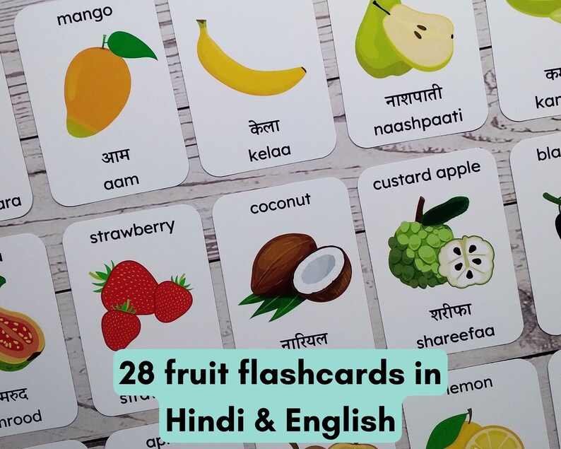Fruits Flashcards in Hindi, Hindi Pronunciation, Bilingual Hindi