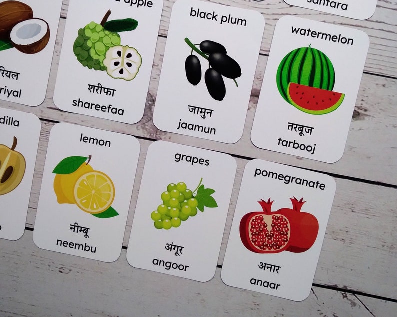 Fruits Flashcards in Hindi, Hindi Pronunciation, Bilingual Hindi