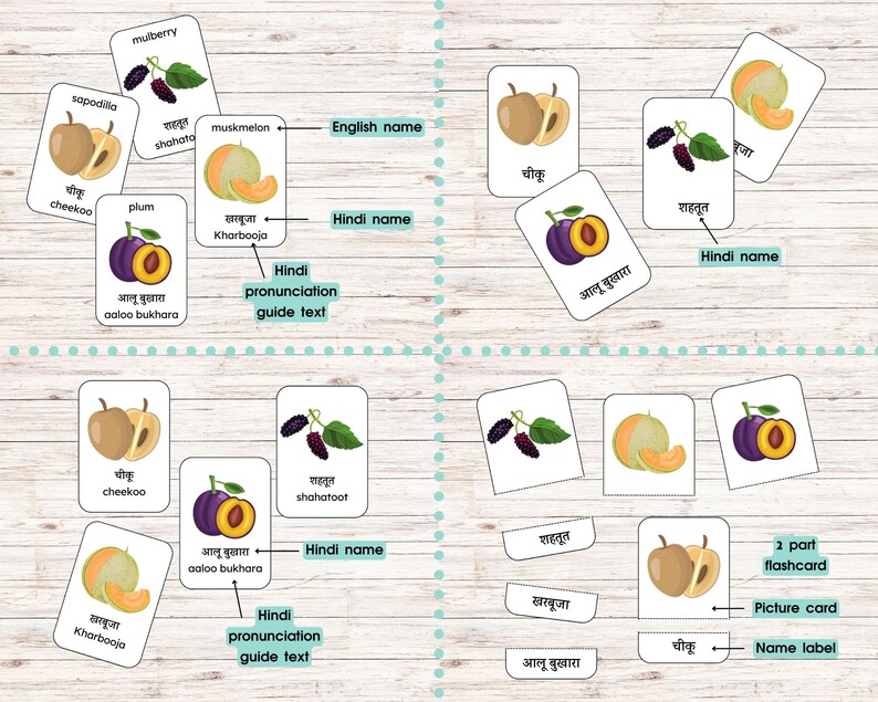 Fruits Flashcards in Hindi, Hindi Pronunciation, Bilingual Hindi