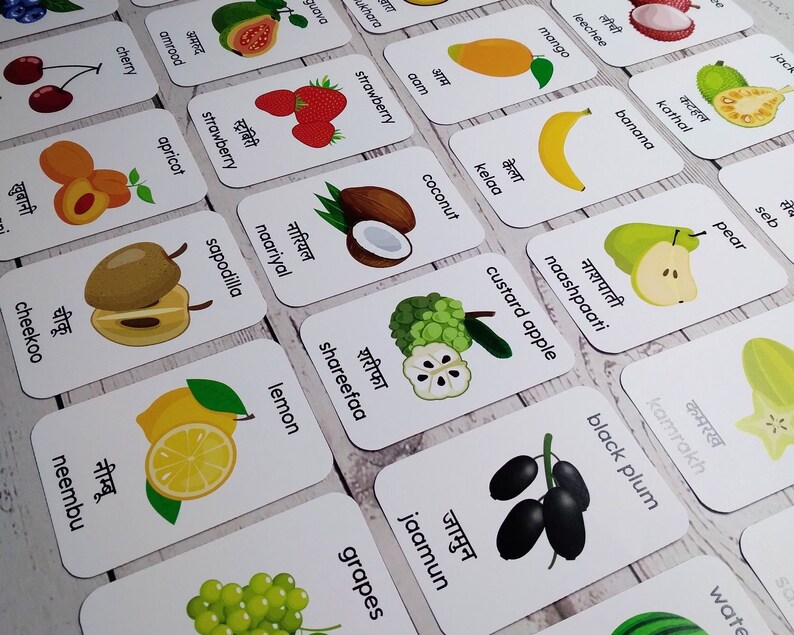 Fruits Flashcards in Hindi, Hindi Pronunciation, Bilingual Hindi