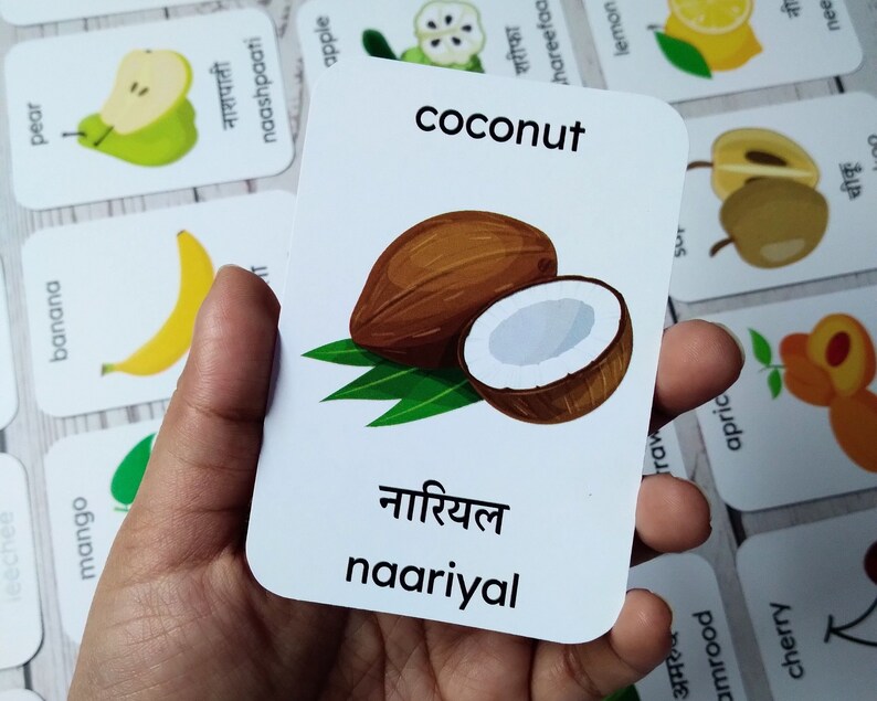 Fruits Flashcards in Hindi, Hindi Pronunciation, Bilingual Hindi