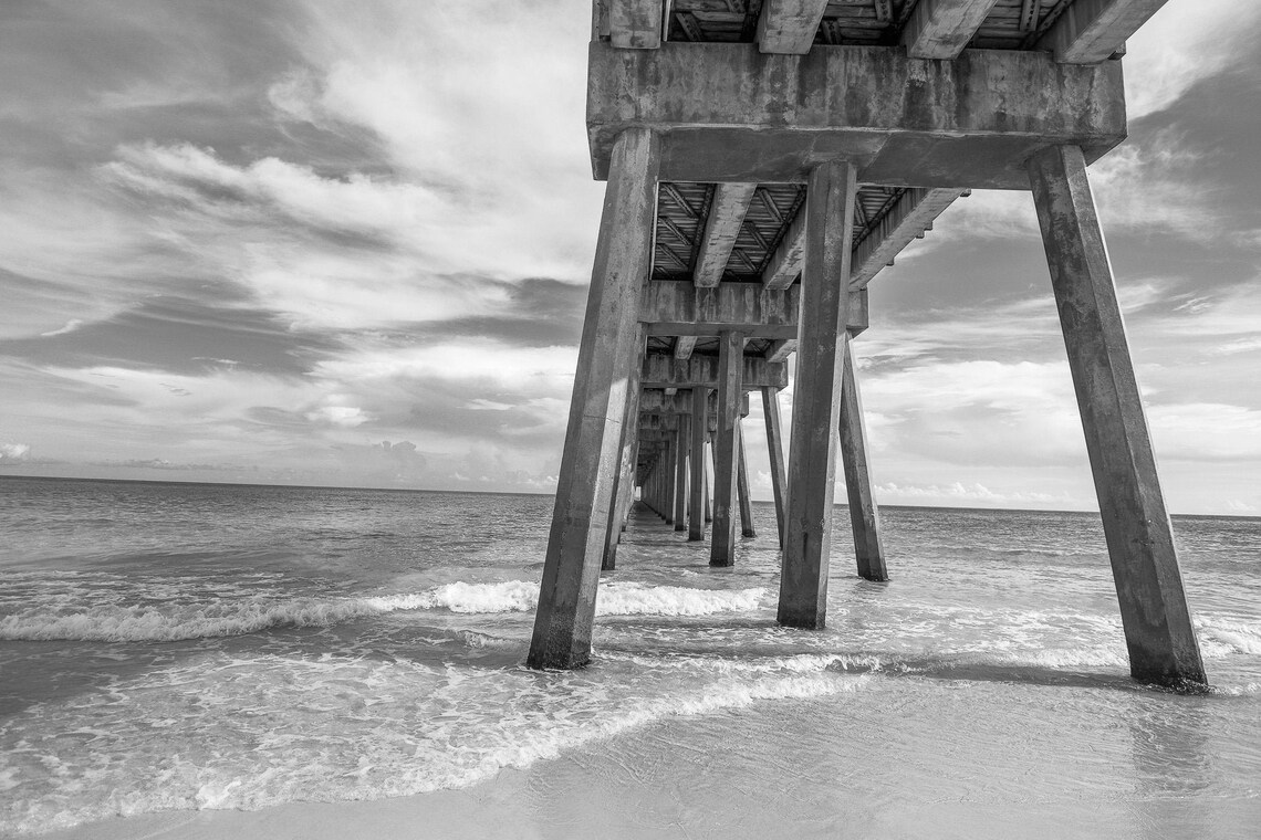 Pensacola Beach Digital Print Florida Ocean Gulf Pier Black & White