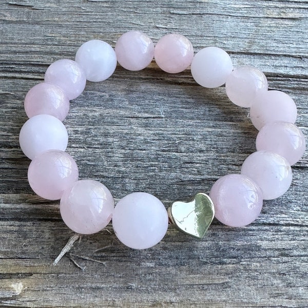 Good Karma October Luxe-12mm Matte and Polished Rose Quartz Beaded Stretch Bracelet with 14k Plated Curved Heart ~ Breast Cancer Awareness