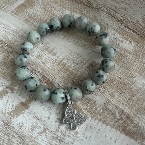 Kiwi Jasper 10mm Beaded Gemstone Stretch Bracelet with Choice of Charm