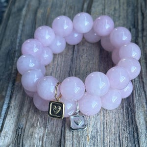 Good Karma 2024 October Luxe- 14mm Rose Quartz Beaded Stretch Bracelet w/Heart Pendant~ Breast Cancer Awareness bracelet