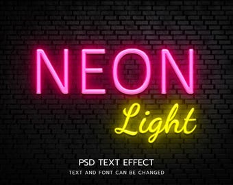 May include: Neon sign with the word "NEON" in pink and "Light" in yellow on a black brick wall background. The text "PSD Text Effect" and "Text and font can be changed" is below the sign.