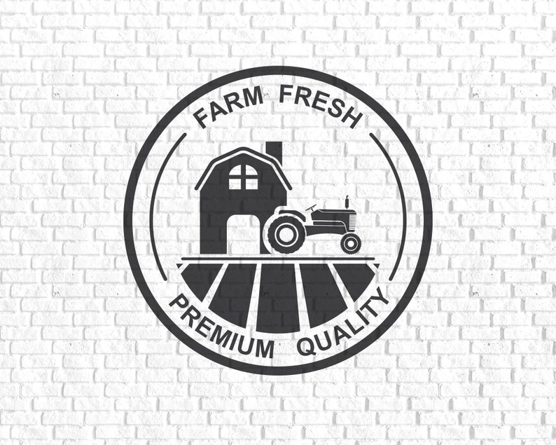 May include: Black and white illustration of a farm scene with a barn, tractor, and field. The text "Farm Fresh Premium Quality" is written in a circle around the image.