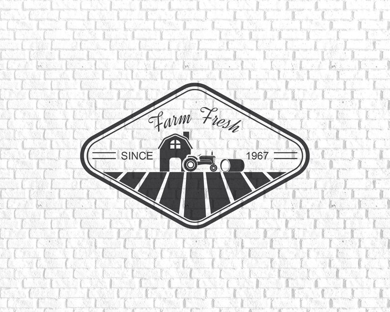 May include: Black and white logo with a farmhouse, tractor, and hay bale. The logo says "Farm Fresh" with the text "Since 1967" below.