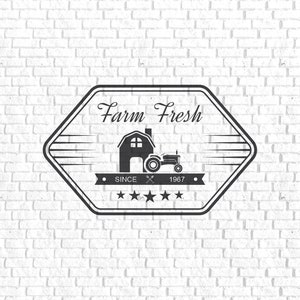May include: Black and white illustration of a farmhouse and tractor with the text "Farm Fresh" above and "Since 1967" below. Five stars are below the text.