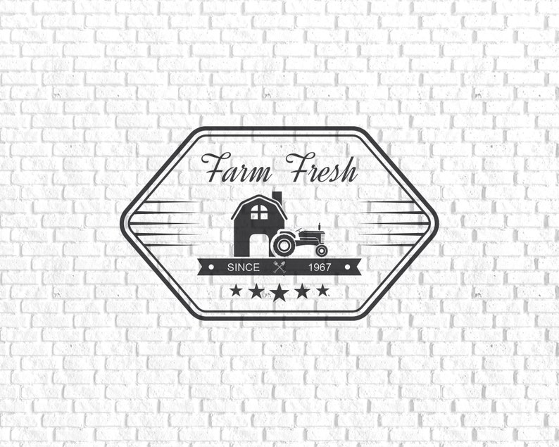 May include: Black and white illustration of a farmhouse and tractor with the text "Farm Fresh" above and "Since 1967" below. Five stars are below the text.