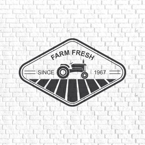 May include: Black and white logo with a tractor in the center, surrounded by a diamond-shaped frame. The text "FARM FRESH" is above the tractor and "SINCE 1967" is below the tractor.