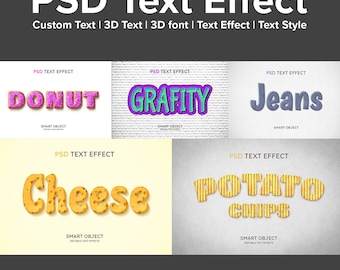 May include: Five different text effects in a PSD format. The text effects are "Donut", "Grafity", "Jeans", "Cheese", and "Potato Chips". Each text effect is a smart object, which means you can easily edit the text and customize the effect.