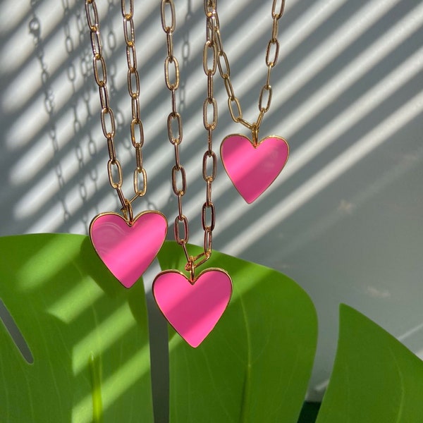 Pink Heart Paperclip Chain Necklace for Teenage Girl Valentines Day Gift, Preppy Heart Necklace with Gold Chain, Preppy Jewelry for Girls