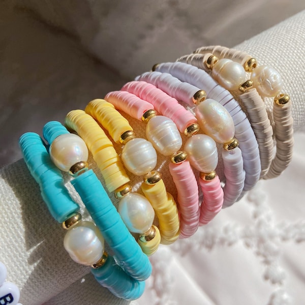 Clay Disc Bead Bracelets, Stackable Stretchy Bracelets set for Kids, Boho summer Jewelry with pearls, Colorful Heishi Bracelet for Girls