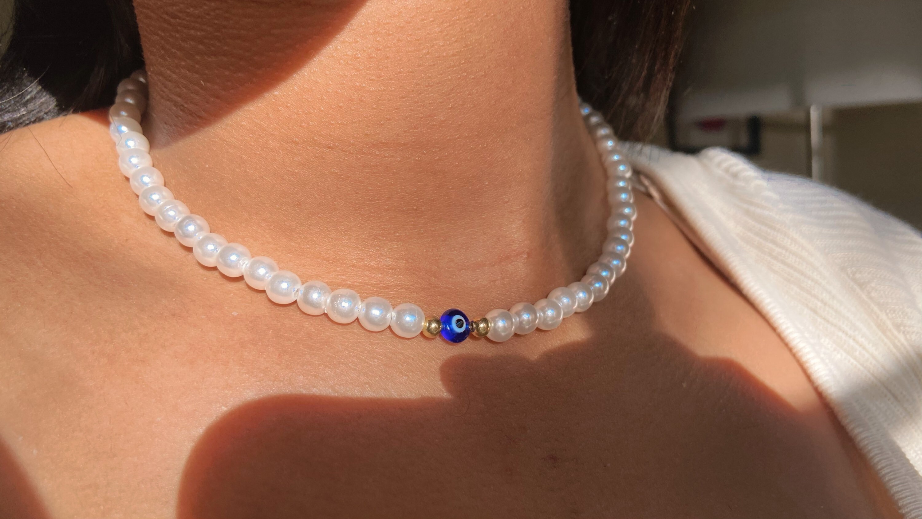 Evil eye necklace, pearl necklace, faux pearl necklace, evil eye prot…