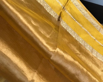 Tissue silk organza saree in dual shade golden/mustard yellow  with katan silk borders/ yellow tissue silk organza saree