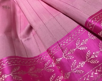 Handwoven banarasi katan silk by silk cotton saree in candy pink with muted zari and majenta shade borders