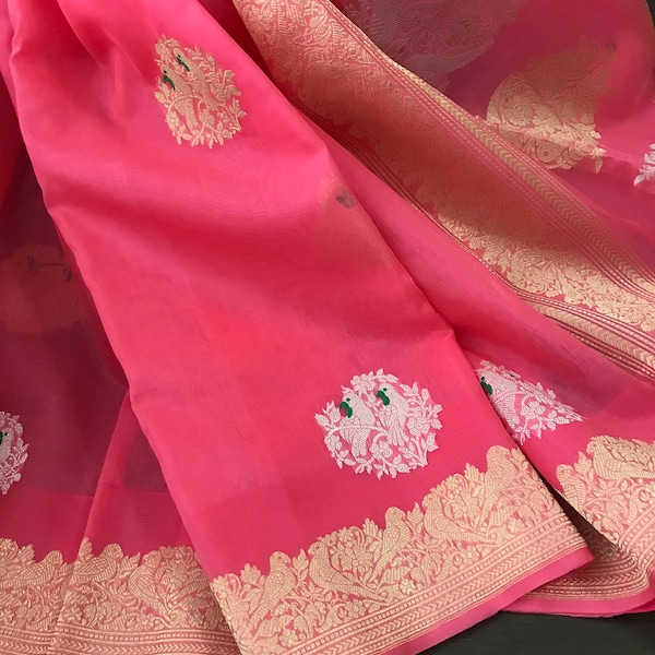 Handloom banarasi kora silk saree in pink with sona rupa motifs in kadwa weave/ kadua banarasi organza silk saree/ kora banarasi silk saree