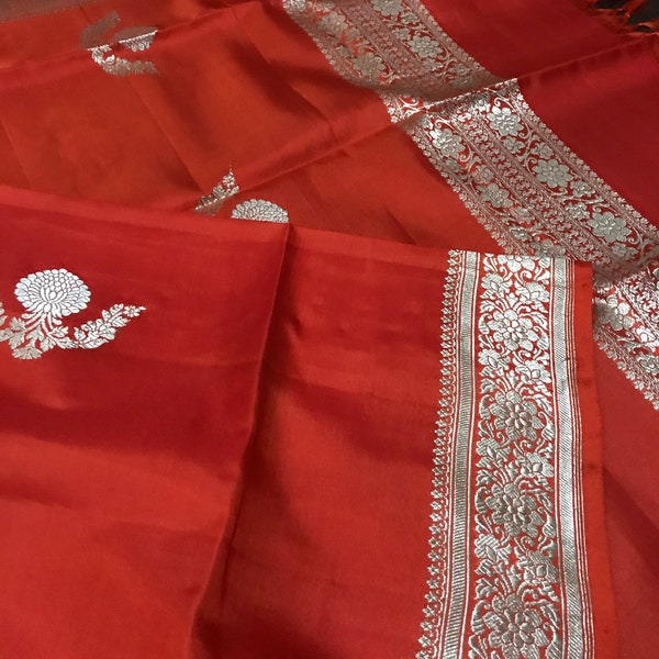 Burnt Orange pure banarasi silk dupatta with silver zari motifs in kadwa weave/ orange kadhua banarasi silk dupatta