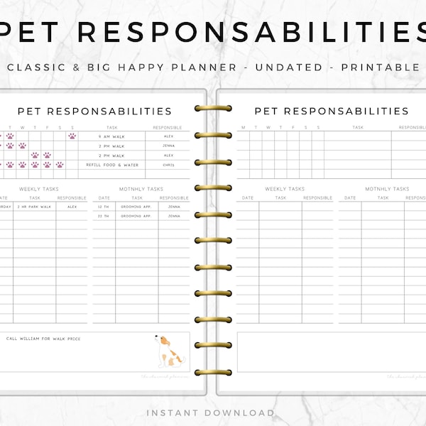 Pet Responsibilities Planner, Happy Planner, Printable Dog Care, Pet Planner, Dog Mum Planner, Pet Tracker Printable, Dog Records Kit,HPP003