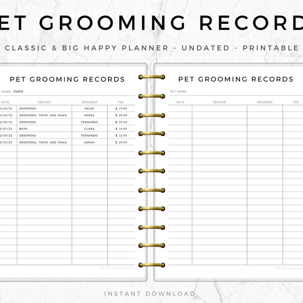Grooming History Pet, Happy Planner, Printable Dog Care, Pet Planner, Dog Mum Planner, Pet Tracker Printable, Dog Records Kit, HPP002