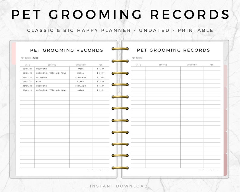 Grooming History Pet, Happy Planner, Printable Dog Care, Pet Planner ...