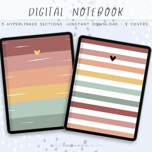 Può includere: Due copertine per notebook digital con un design a righe e una texture. Entrambe le copertine presentano una piccola icona a forma di cuore. Il testo "DIGITAL NOTEBOOK" è in alto nell'immagine. Il testo "5 HYPERLINKED SECTIONS - INSTANT DOWNLOAD - 8 COVERS" è sotto l'immagine. Il testo "MADE BY LIBELULA DIGITAL ON ETSY" è in basso nell'immagine.