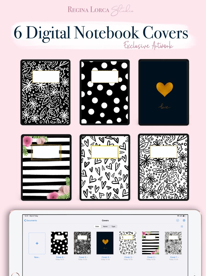 Black and White Notebook Covers 6 cute digital notebook | Etsy