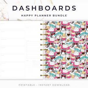 Op de afbeelding: Printbare dashboard-plannerpagina's met een roze en wit kleurenschema. De linkerpagina is leeg en de rechterpagina heeft een herhalend patroon van katten die zonnebrillen dragen en tropische drankjes vasthouden. De tekst "DASHBOARDS HAPPY PLANNER BUNDLE" staat bovenaan de afbeelding. De tekst "PRINTABLE - INSTANT DOWNLOAD" staat onderaan de afbeelding.