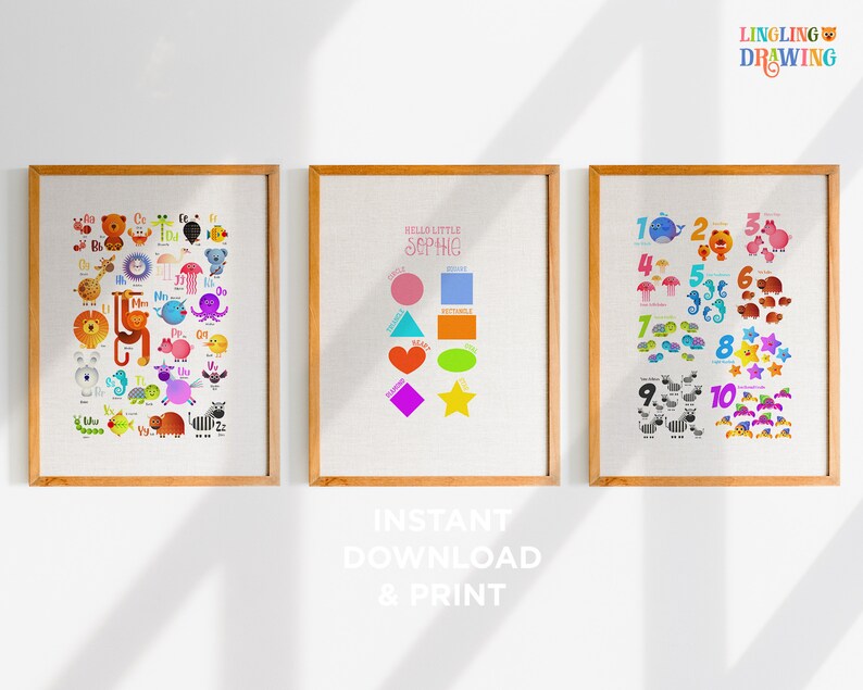 Printable Poster NSR Baby Custom Name Print Woodland Wall Art Set Of 3 Alphabet Animals Animal numbers Print Shape Poster Nursery