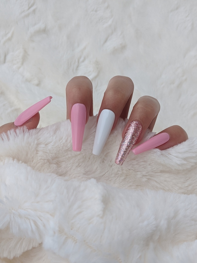 Light Pink Glitter Press On Nails / Baby Pink Rose Gold White Etsy