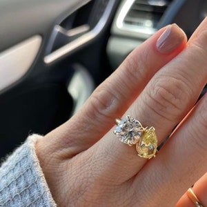 Yellow Pear & Round Cut CZ Stone Ring, Two Stone Engagement Ring, Promise Ring For Her, Gemstone Ring, Woman&#39;s Toi Et Moi Ring, Fine Jewelry