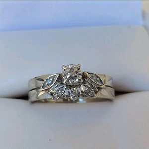 Women&#39;s Vintage Style Wedding Bridal Ring Set, 0.09CT Round Cut CZ Stone Art Deco Ring Set, Solitaire With Band Set, Engagement Ring Set