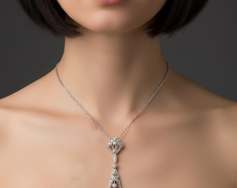 Antique Art Deco Vintage Style Pendant Necklace, Round CZ Stone Edwardian Necklace For Women&#39;s, Victorian Wedding Pendant, Anniversary Gift