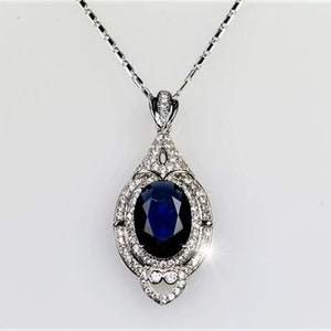 Antiker Edelstein-Anhänger für Frauen, blauer Saphir-Oval-CZ-Stein, Hochzeits-Anhänger, 14K Gold-Art-Deco-Anhänger, Verlobungsgeschenk-Anhänger