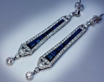 1920s Vintage Dangle Earrings, Art Deco OEC & Sapphire Diamond Earrings, Edwardian Long Drop Earring, Party Wear Retro Earring, Gift For Her