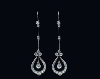 Art Nouveau Style Long Dangle Earring, Long Drop Party Wear Earring, Round Cut Diamond Art Deco Earring, Delicate Antique Wedding Earring