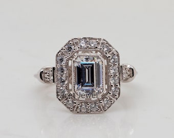 Halo Engagement Ring, Emerald Cut CZ Stone Wedding Ring, Milgrain Bezel Set Ring, White Gold Art Deco Ring, Anniversary Gift Ring For Wife