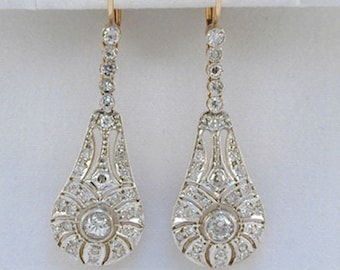 Antique Art Deco Wedding Earring For Women's, Round Cut Diamond Milgrain Earring, Silver Or Gold Dangle Earring, Filigree Vintage Earring