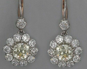 Edwardian Floral Style Dangle Drop Earring, Old European Cut Diamond Cluster Earring, Mid-Century Art Deco Earring, Lever Back Earring