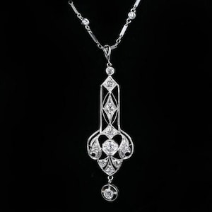 Antique Art Nouveau Necklace, Women&#39;s Art Deco Wedding Necklace, Round Diamond Necklace, Edwardian Delicate Necklace, 14K White Gold Pendant